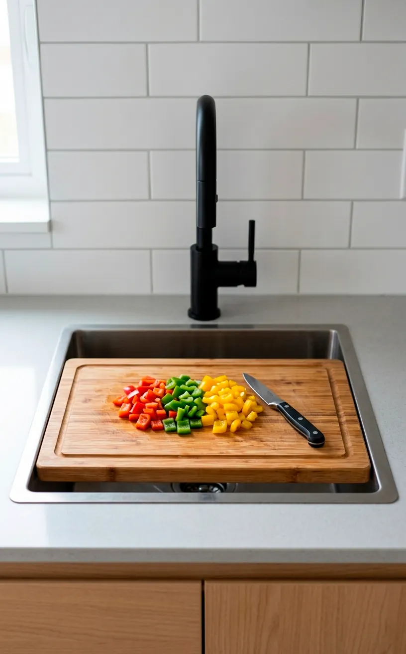 Bamboo over the sink cutting board maximizing counter space in a compact kitchen.