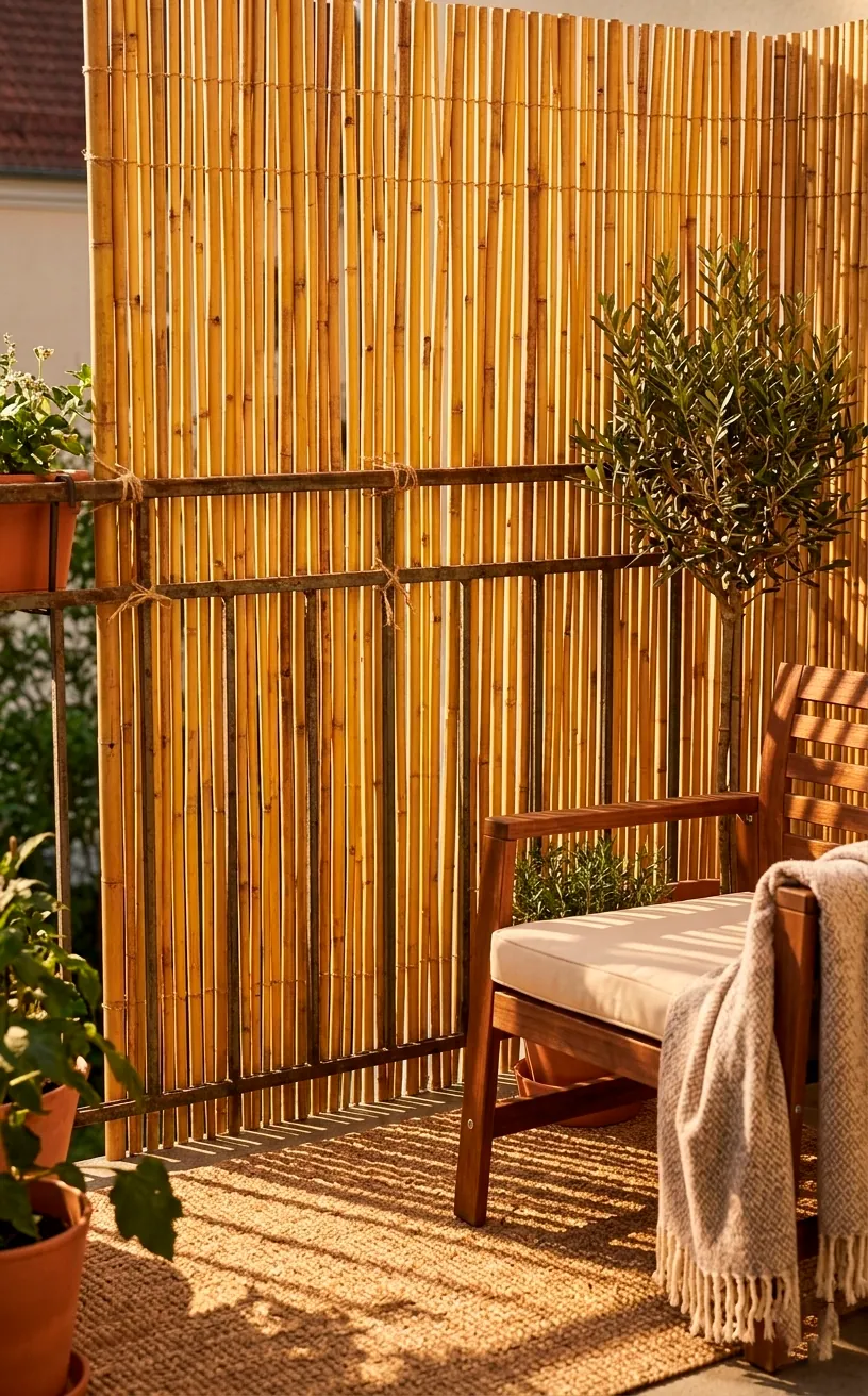 A natural bamboo roll privacy screen installed along an outdoor balcony railing.