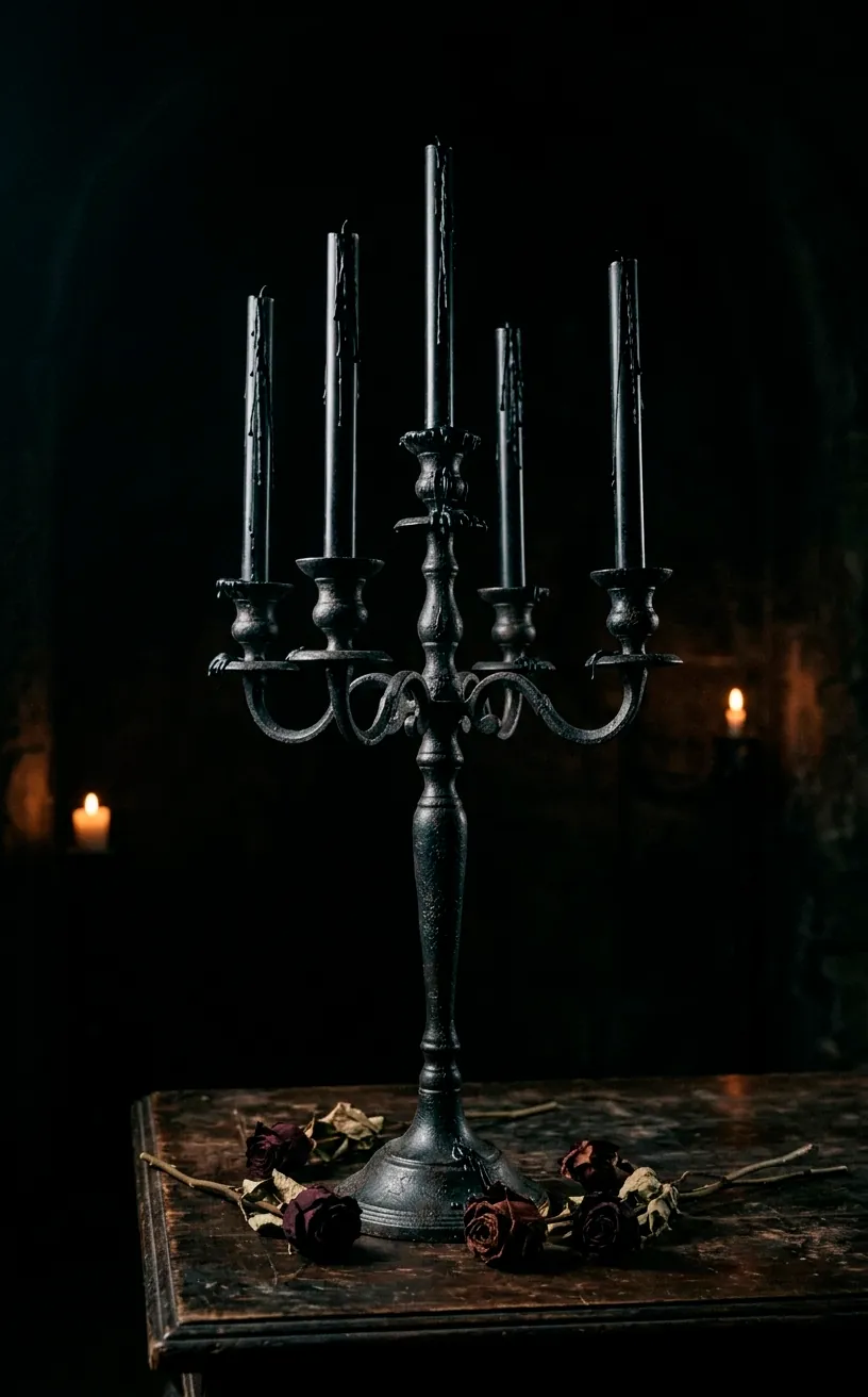 Industrial style black candelabra with black taper candles on a dark wooden table.