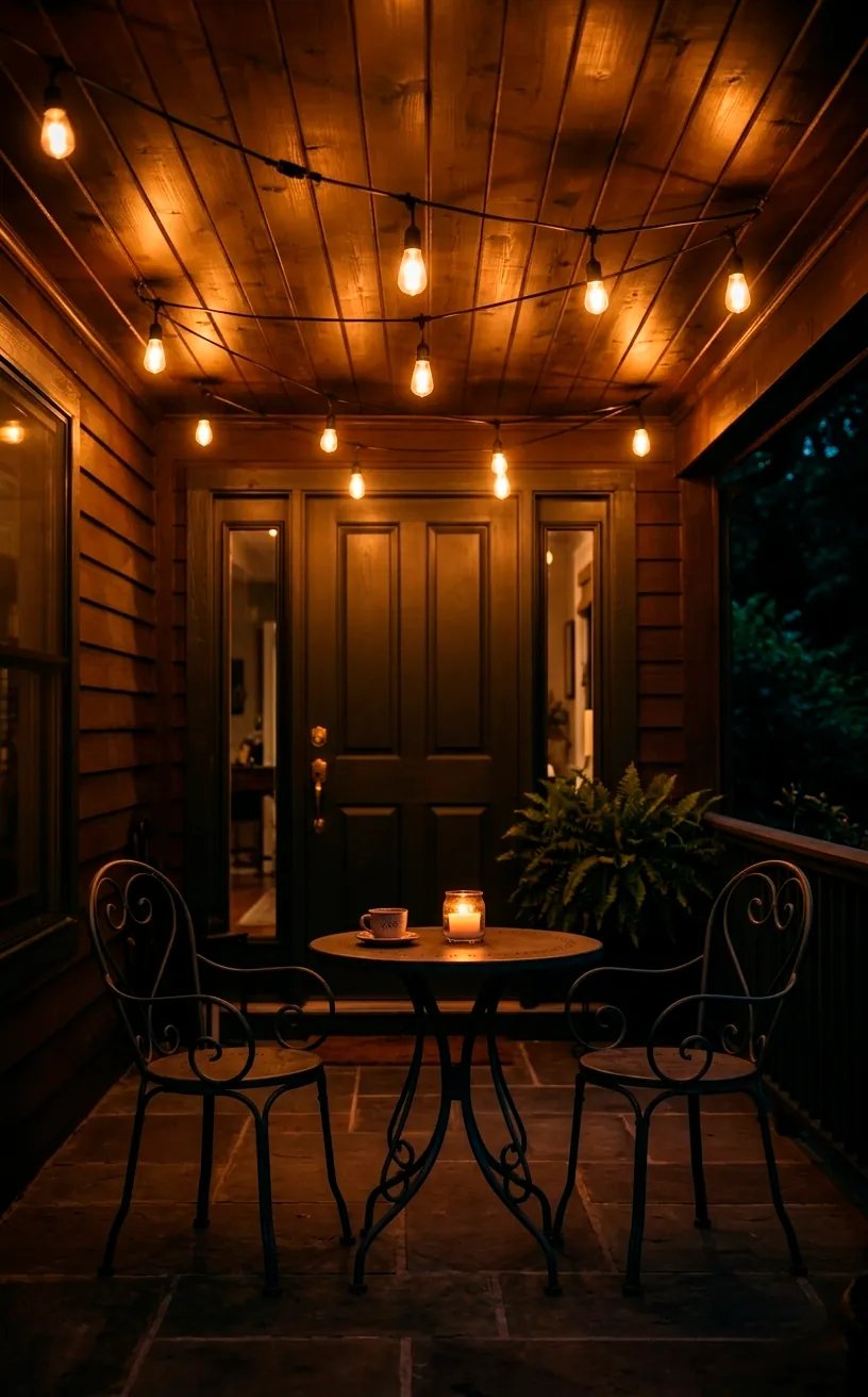 Warm Edison bulb festoon string lights glowing over a small porch furniture set at night.