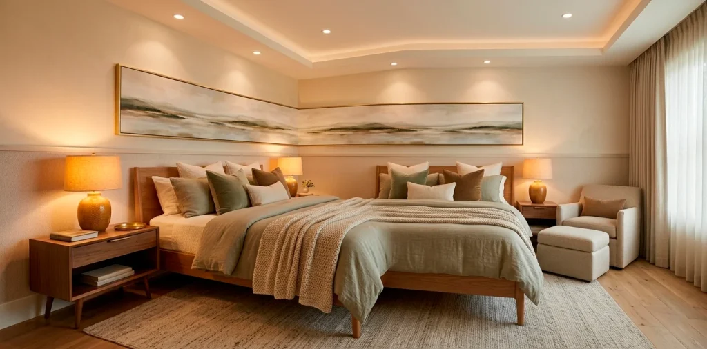 A wide horizontal photo of a cozy guest bedroom featuring designer-approved paint colors and comfortable linens.