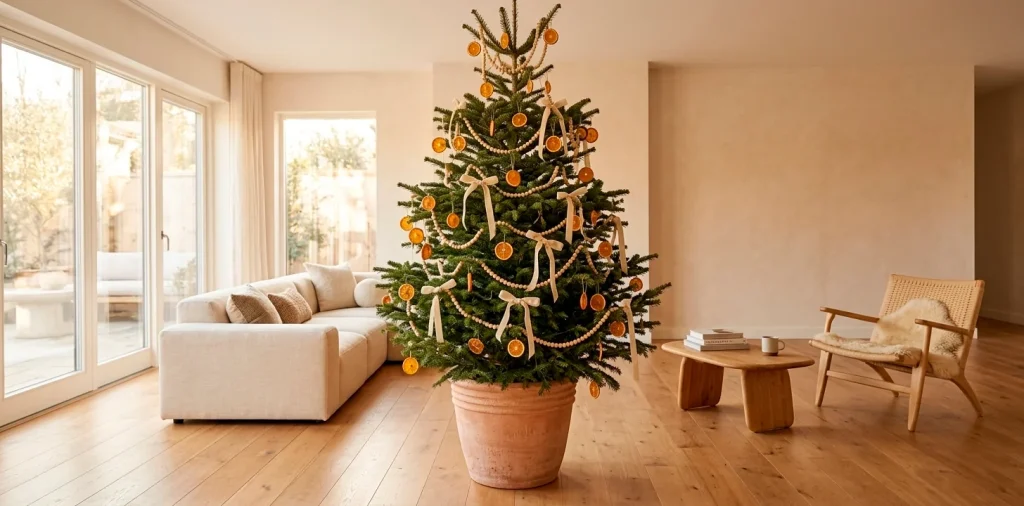 Organic modern Christmas tree with natural textures and dried citrus in a bright minimalist living room.