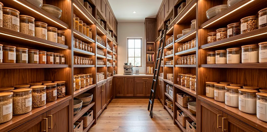 A wide view of an organized kitchen pantry featuring warm walnut cabinetry, glass storage jars, and soft LED lighting.