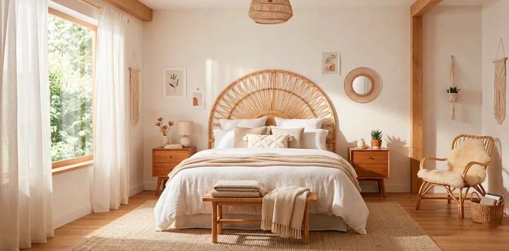 Beautiful Scandi-boho bedroom interior featuring a large natural rattan sunburst headboard and crisp white linens