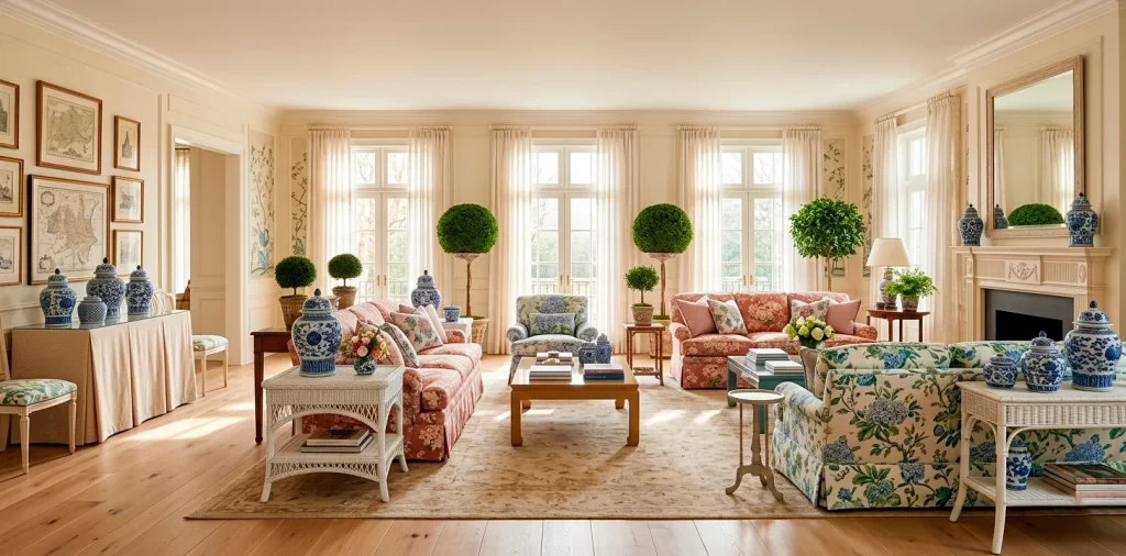 Wide shot of a luxury grandmillennial living room with floral patterns and spring sunlight.