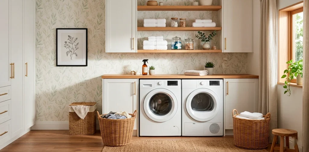 Bright and modern laundry room featuring subtle textured wallpaper, sleek white cabinetry, and warm natural sunlight.