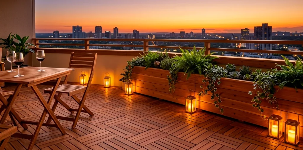 Cozy apartment balcony featuring warm teak flooring, acacia wood bistro furniture, and glowing lanterns at sunset.