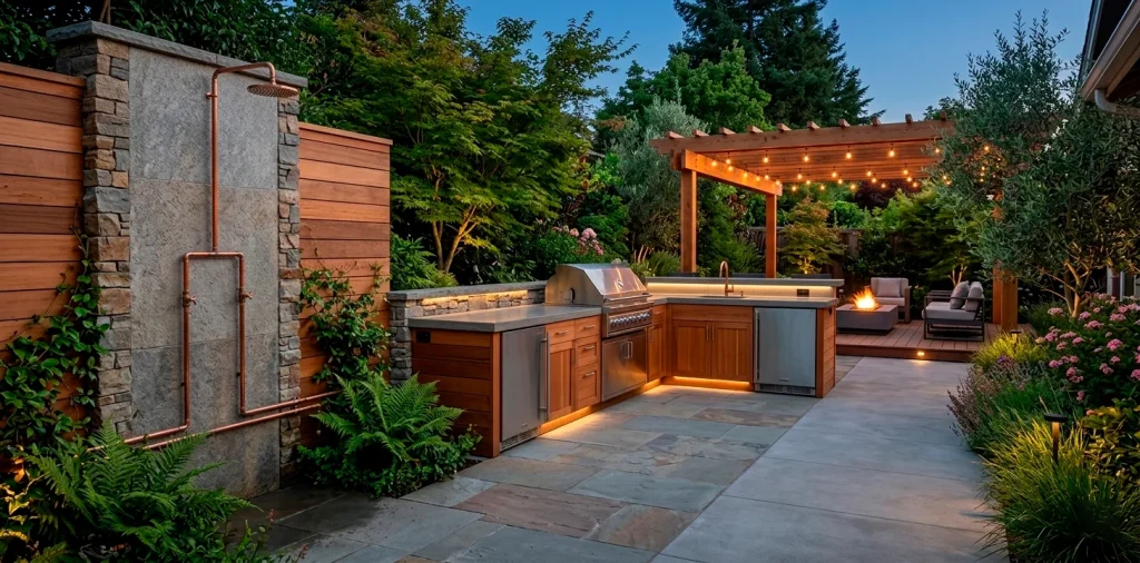 Wide architectural shot of a modern backyard featuring professional outdoor plumbing for a kitchen and shower.