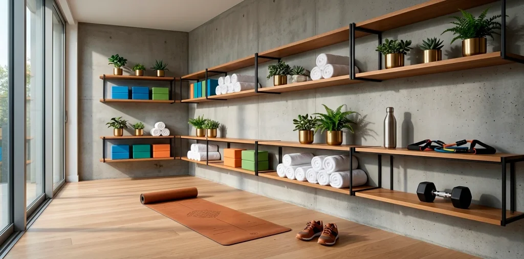 Chic minimalist floating shelves holding fitness accessories in a modern at-home mini gym.