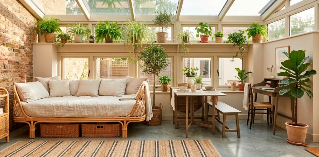 Bright small sunroom filled with space-saving multipurpose furniture and lush green plants in natural daylight.
