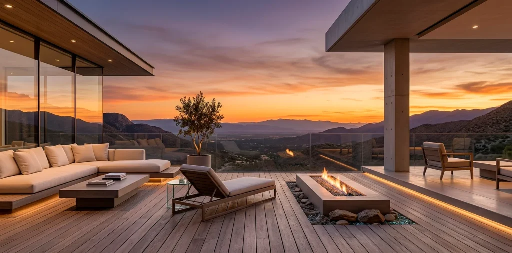 Luxe infinity edge patio design with outdoor lounge furniture overlooking a scenic sunset valley.