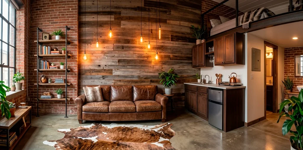 Cozy rustic mini studio apartment interior with leather sofa, reclaimed wood accents, and warm lighting