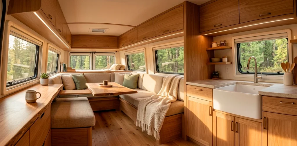 Cozy luxury camper van interior daytime layout with natural wood tones and hidden bed design