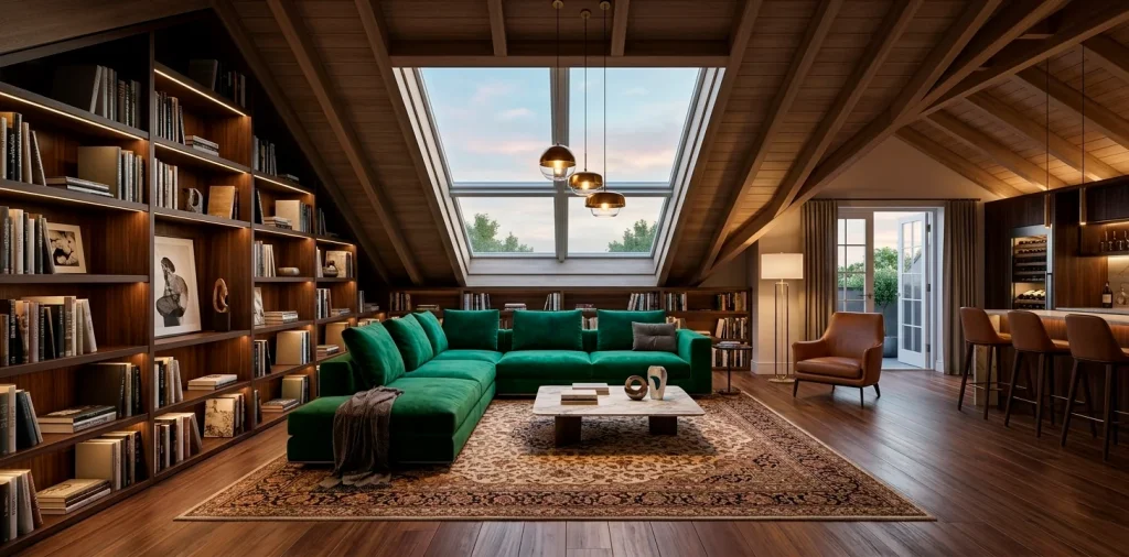 Wide shot of a luxury attic renovation with custom built-in bookshelves and modern skylights.