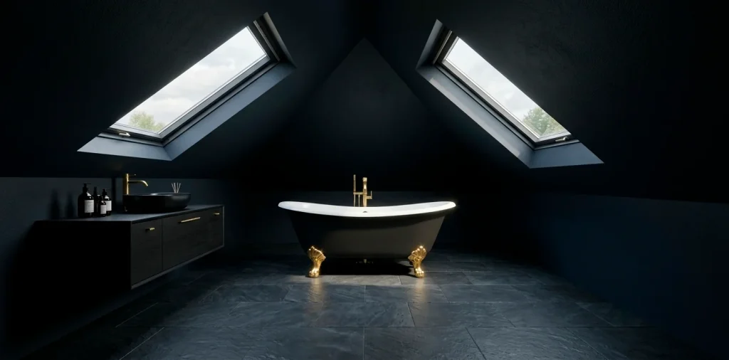Dramatic midnight black attic bathroom with gold accents and a skylight reflecting off luxury fixtures.