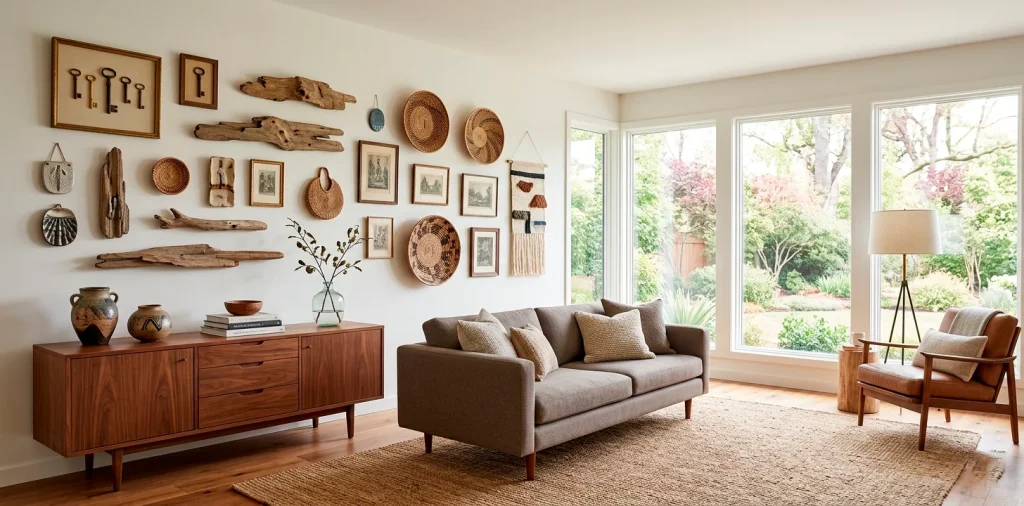 A modern living room wall decorated with beautifully arranged found objects like driftwood and vintage keys.