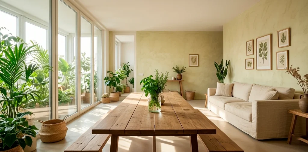 Sunlit sustainable small space living room with eco friendly reclaimed wood furniture and green indoor plants.