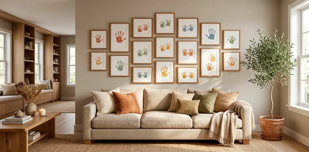 Elegant living room featuring a beautifully framed handprint gallery wall above a sofa for Mother's Day