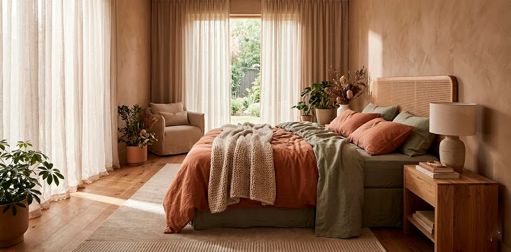 Serene earthy bedroom featuring natural fibers like a rumpled linen bed, chunky wool throw, and woven rattan headboard.