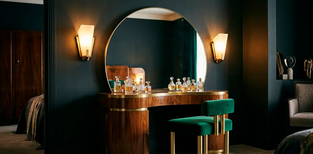 Glamorous Art Deco mirrored vanity table with emerald velvet stool and brass accents in a moody bedroom.