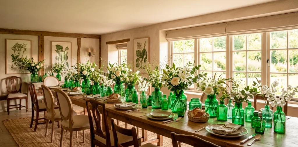 Wide view of a sunlit dining room featuring a rustic table decorated with upcycled emerald green glass vases.