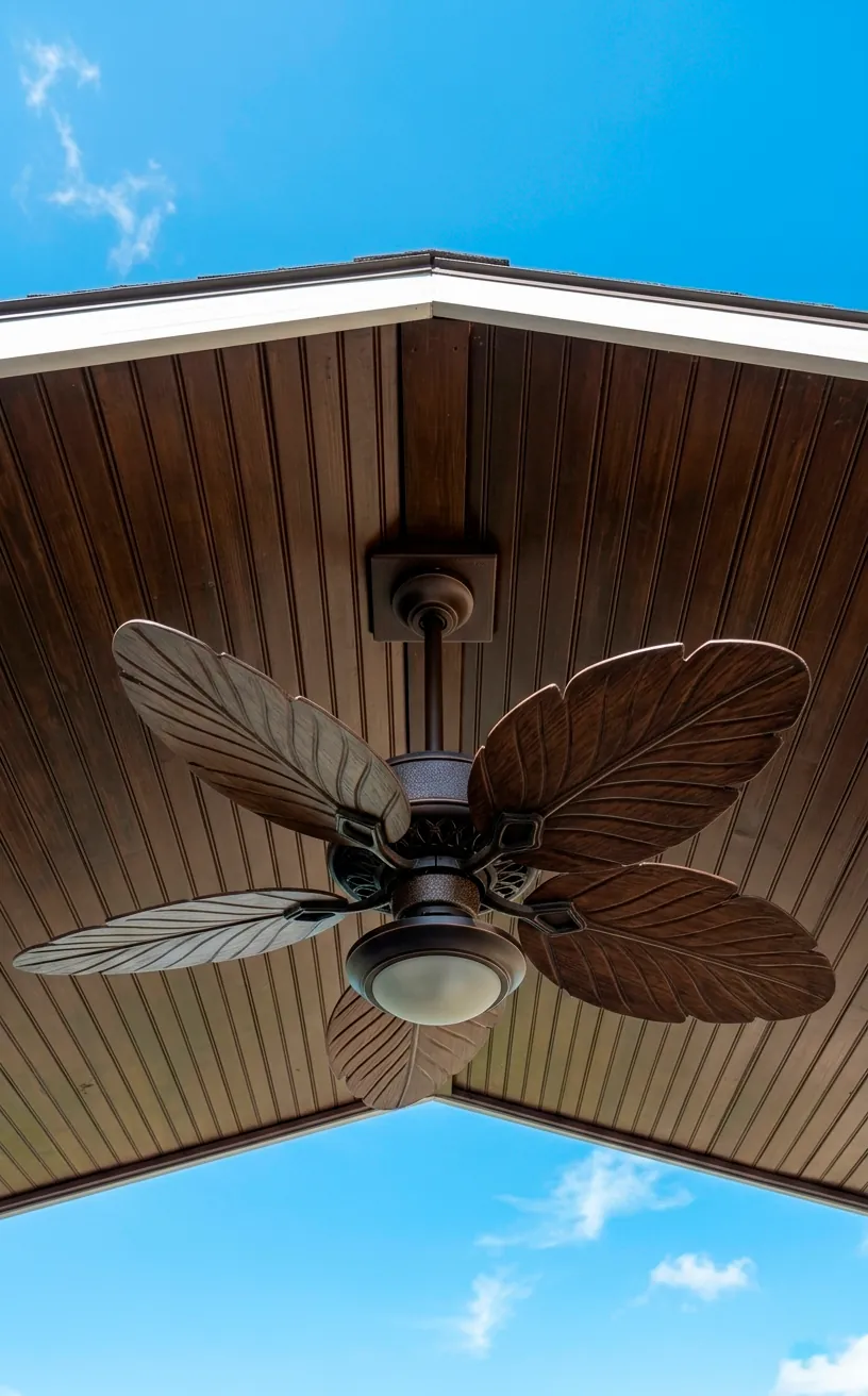 An outdoor ceiling fan with palm-leaf blades installed on a white beadboard porch ceiling.