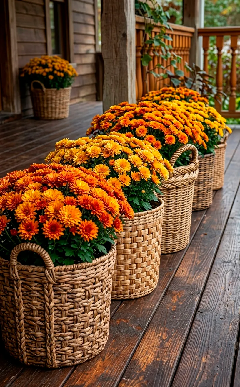 Vibrant autumn mums in decorative woven seagrass baskets on a porch.