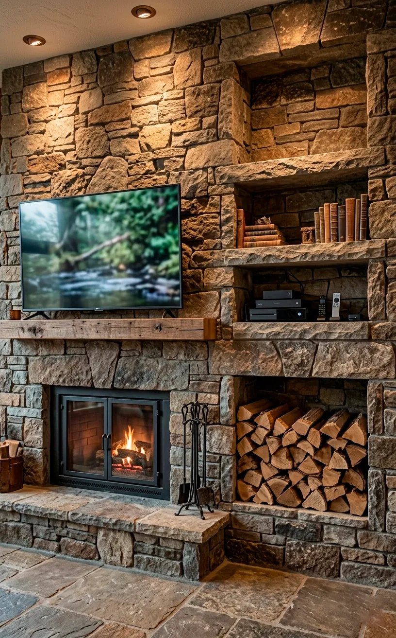 Stone fireplace wall with built-in storage cubbies for wood and media.
