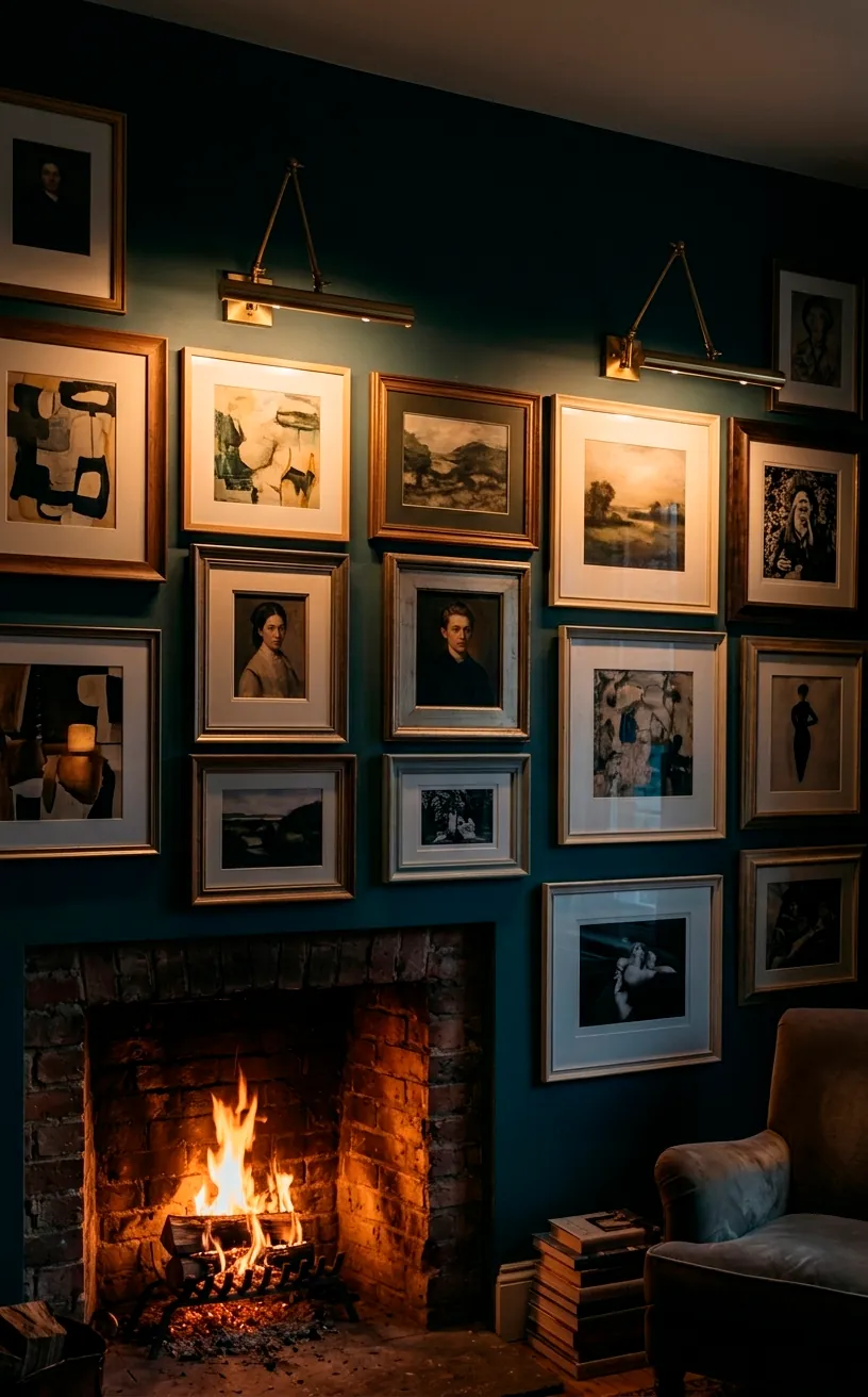 Brass picture lights illuminating a symmetrical gallery wall above a glowing fireplace.