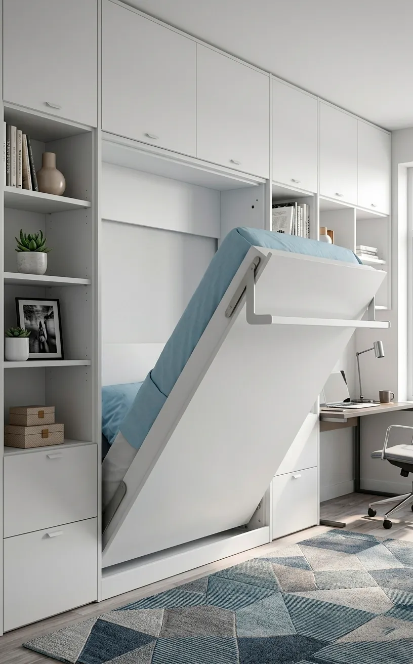 Modern Murphy bed folding into white wall cabinets in a multifunctional small room.