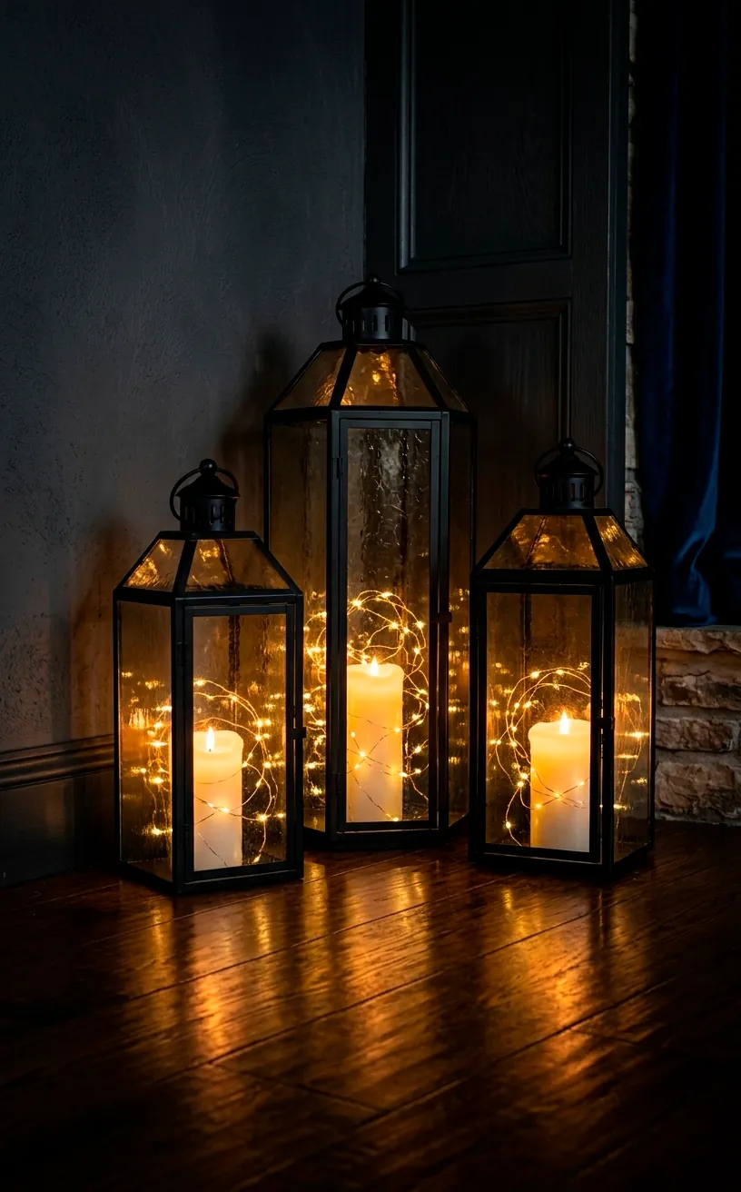 Black iron floor lanterns with glowing fairy lights and candles on a dark wood floor.