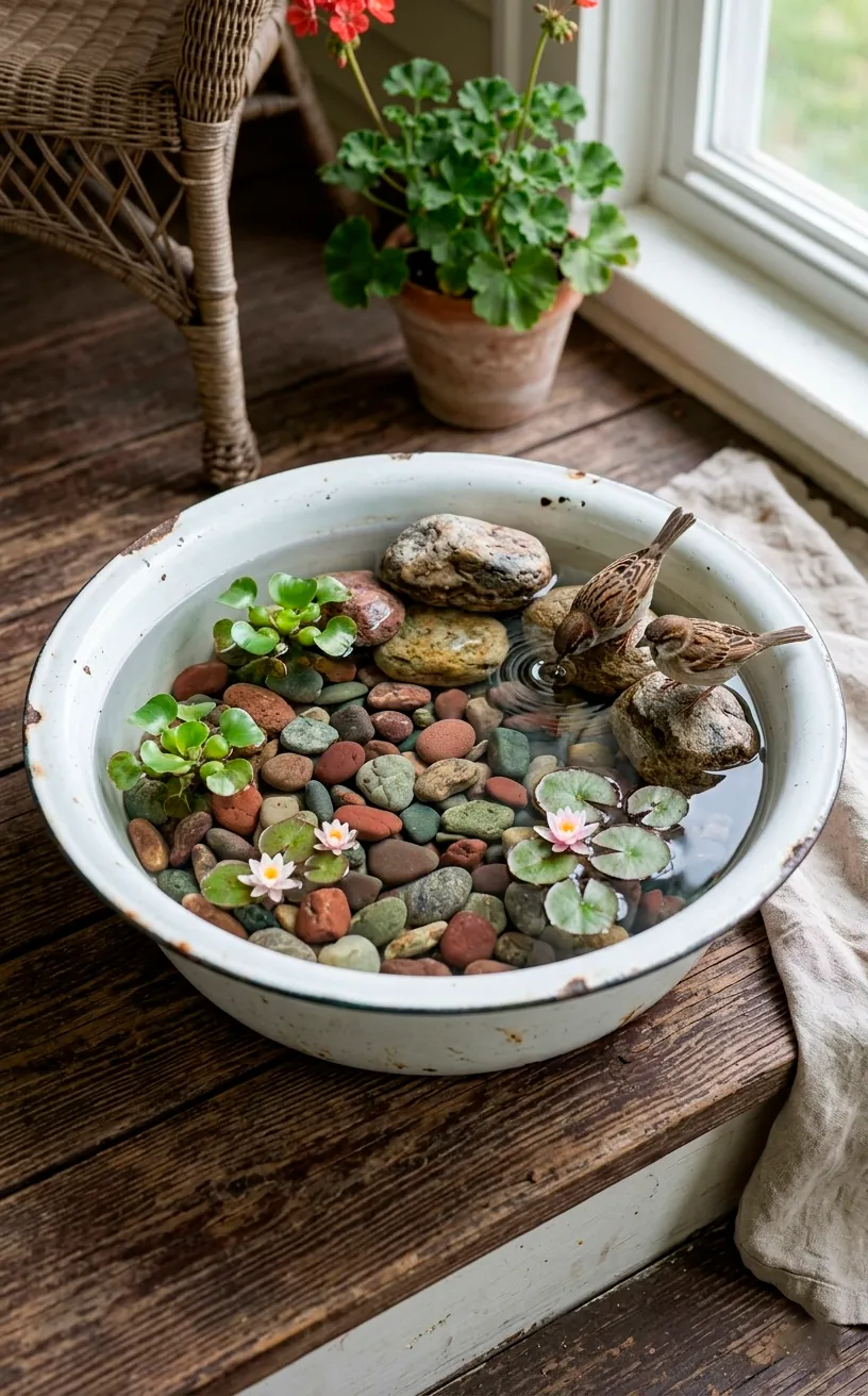 An antique enamelware wash basin upcycled into a mini container pond with river rocks on a porch.