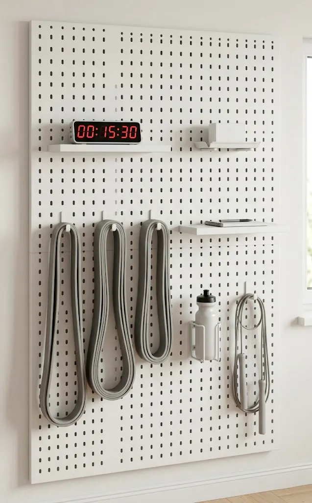 Adjustable modular white metal pegboard shelves holding resistance bands and a gym timer.