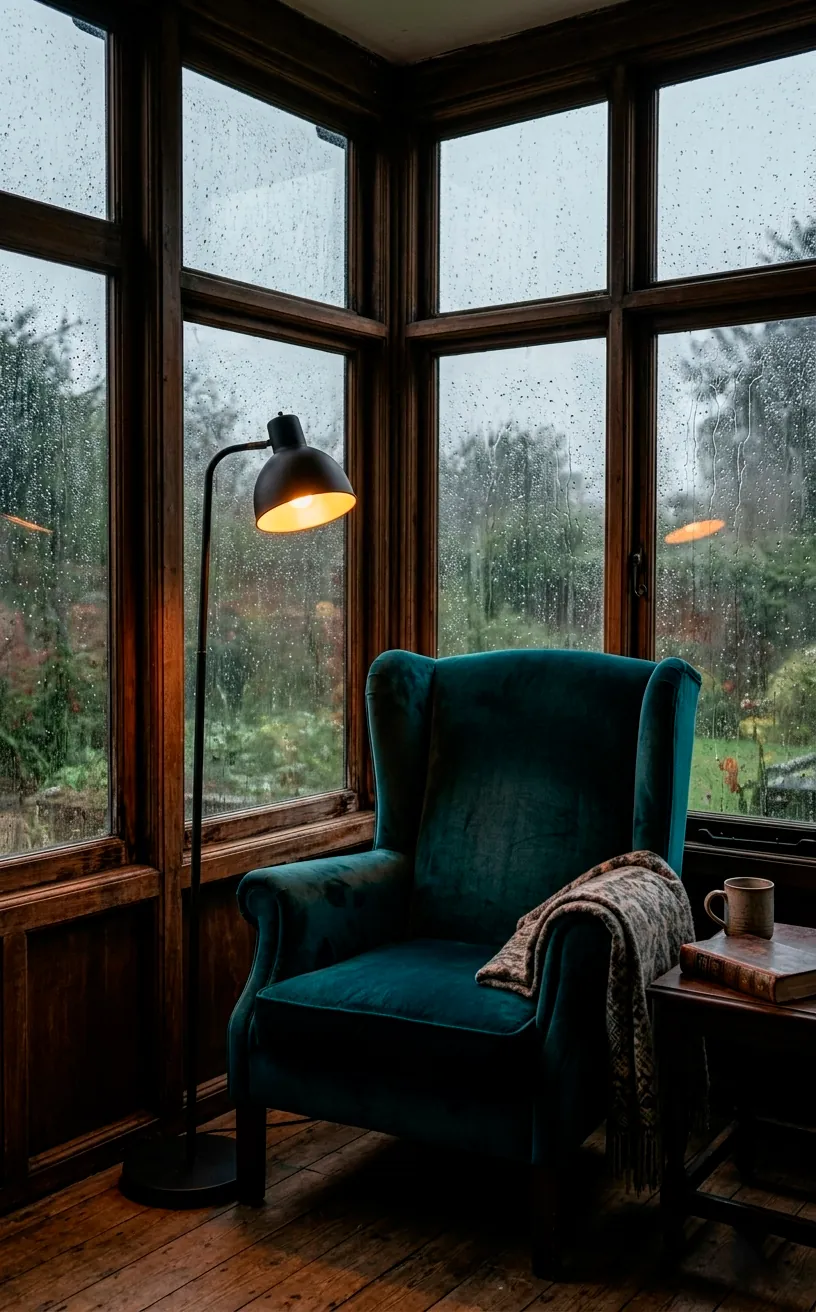 Dark teal velvet wingback armchair in a moody reading nook of a sunroom.