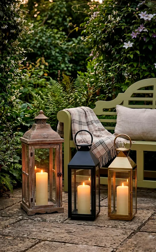 Three decorative lanterns in different finishes glowing on a patio floor.