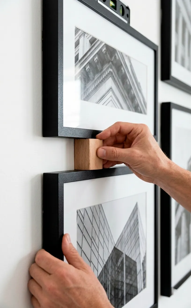 Close-up of precise 2-inch spacing between black art frames on a white gallery wall.