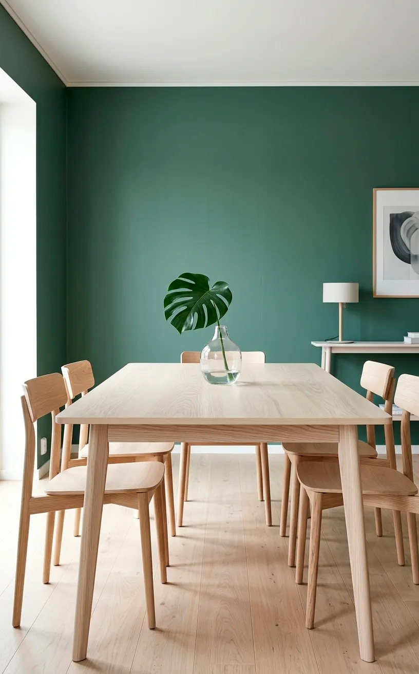 Modern juniper green dining room highlighting a pale ash wood table and minimalist Scandinavian chairs.