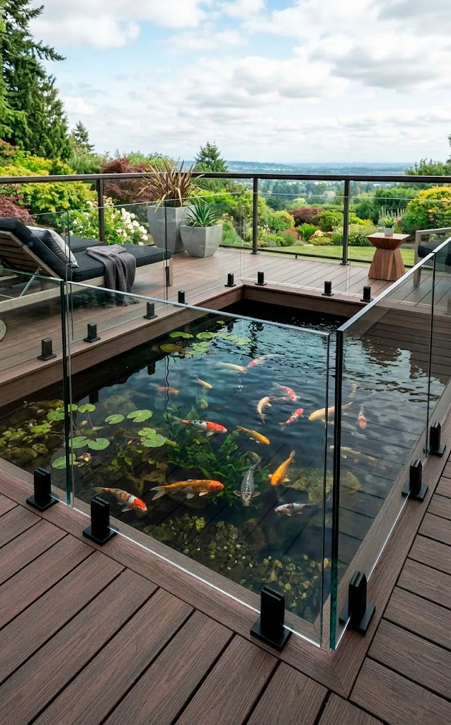 Minimalist glass safety railing for an elevated outdoor pond.