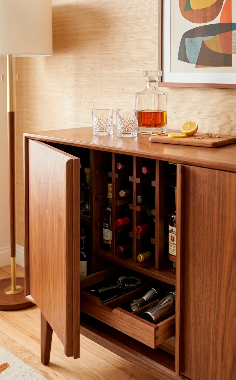 Mid-century modern sideboard repurposed as a home mini bar with hidden wine storage.