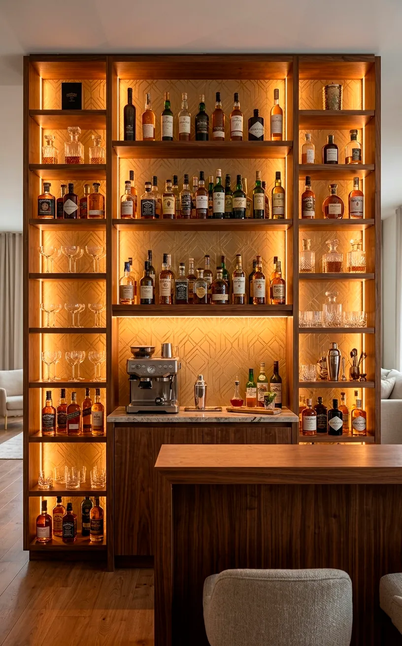 Statement bar wall with gold geometric wallpaper and floor-to-ceiling shelves