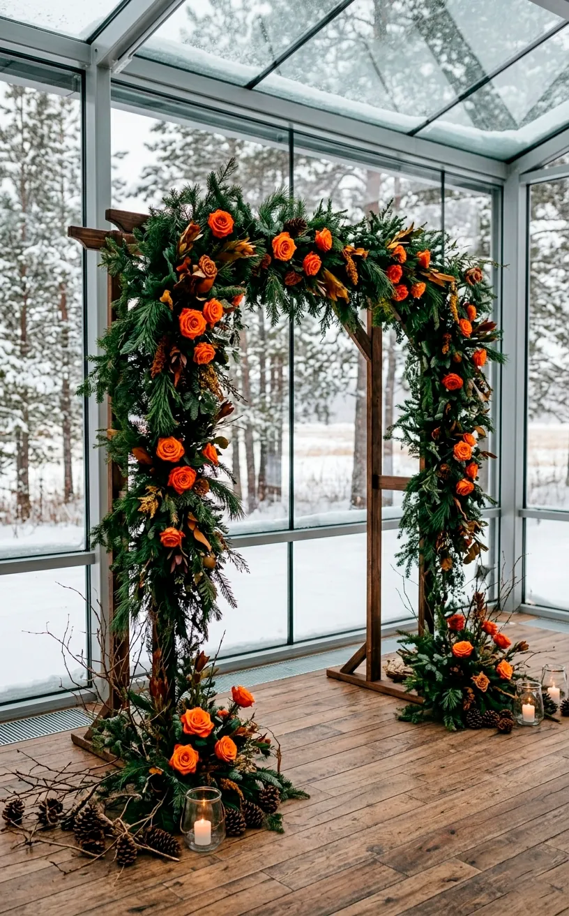 Winter wedding arch with forest green greenery and burnt orange florals.