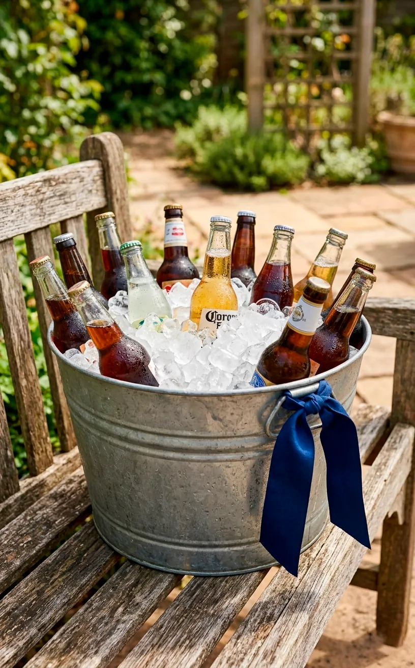 Galvanized steel bucket filled with ice and glass drink bottles on a wooden bench.
