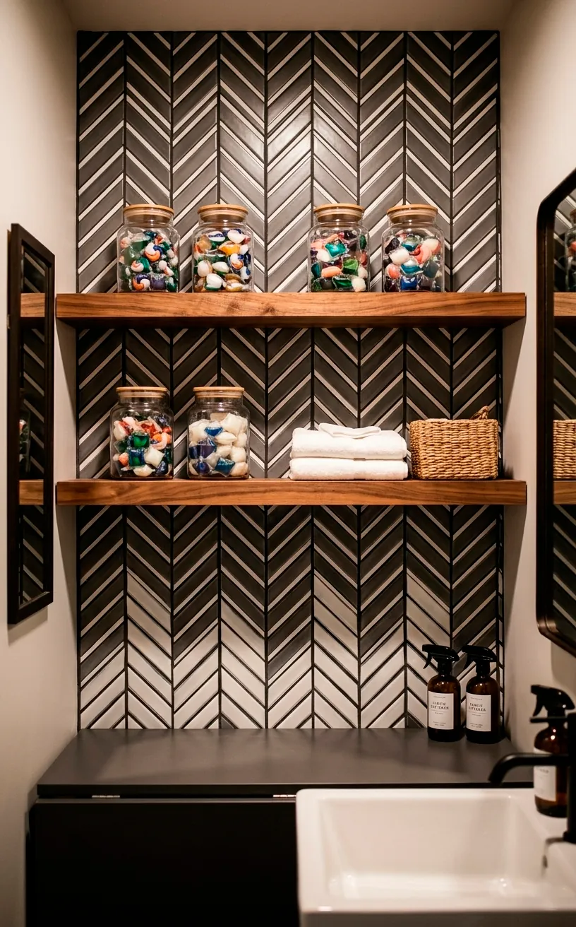 A dramatic white and grey herringbone tile accent wall with rustic wood open shelves in a laundry area.
