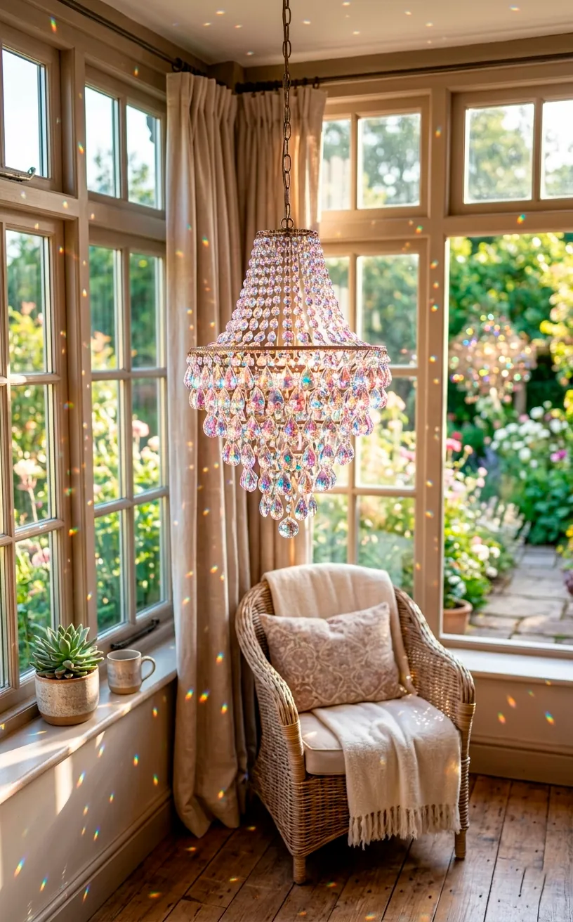 Crystal chandelier with iridescent glass droplets casting rainbow light in a sunroom.