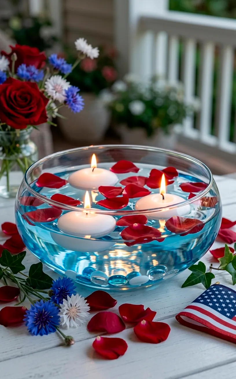Floating white candles and red rose petals in a glass bowl for a holiday table.