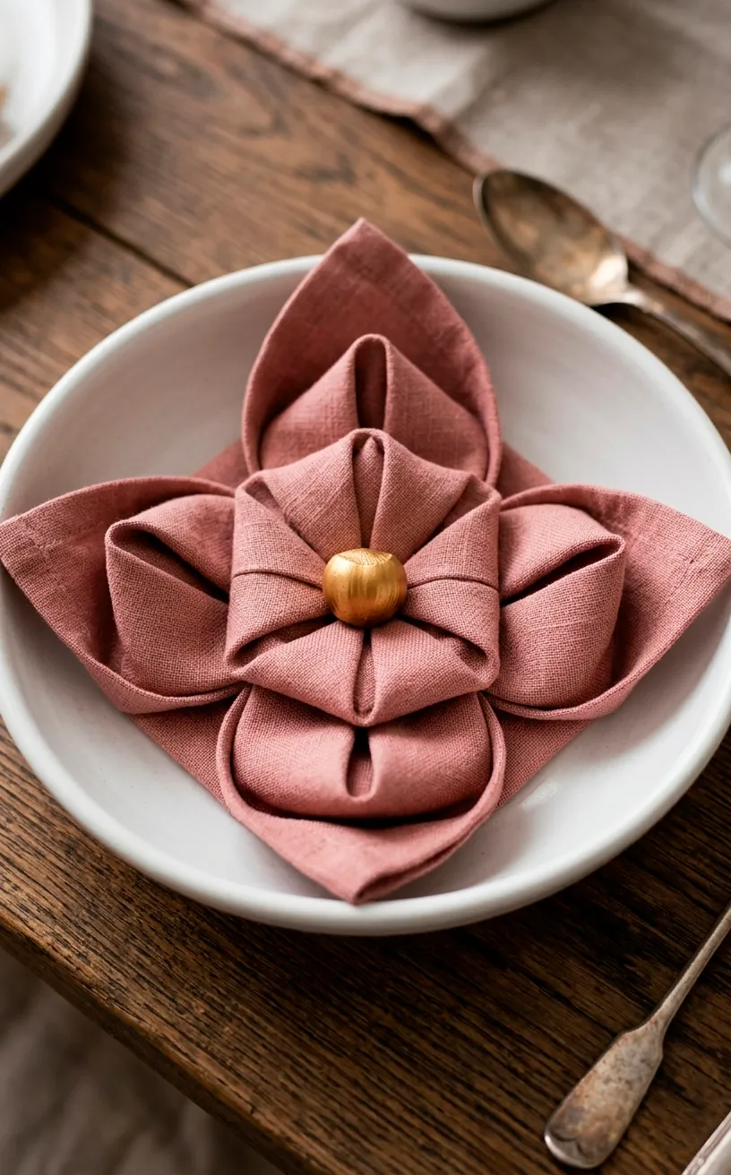Dusty rose lotus flower napkin fold in a white bowl with a gold hazelnut centerpiece.