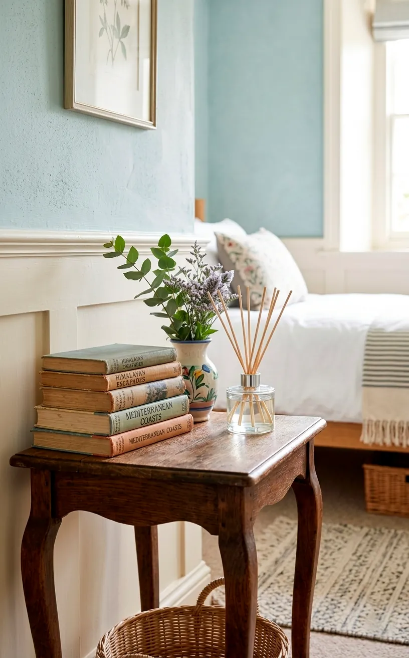 Styled side table with vintage travel books, a vase of eucalyptus, and a reed diffuser.