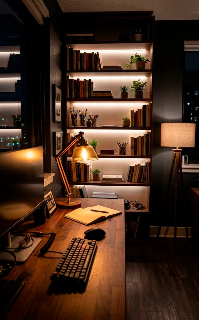 Layered lighting in a studio apartment with warm lamps and LED accents.