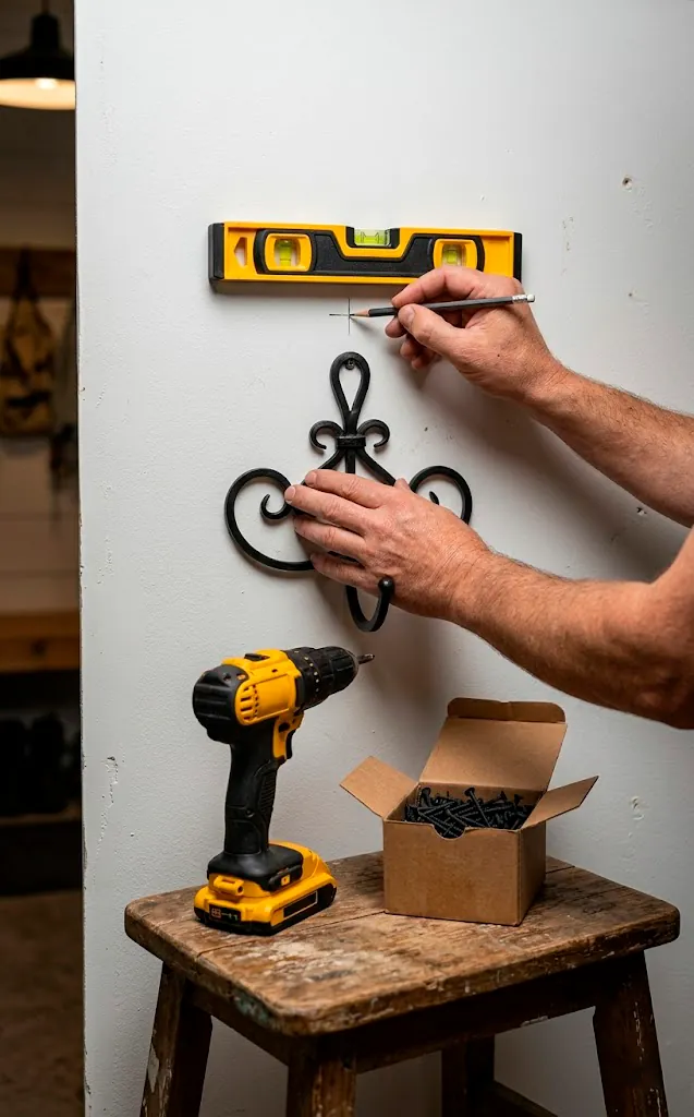 Hands leveling a classic wrought iron hook on a wall during a DIY home improvement installation project.
