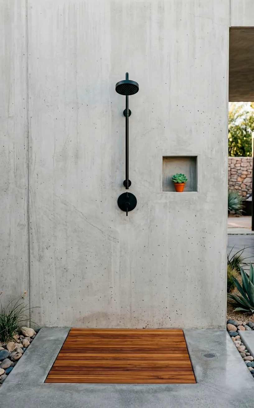 Minimalist matte black outdoor shower with teak wood slat flooring.